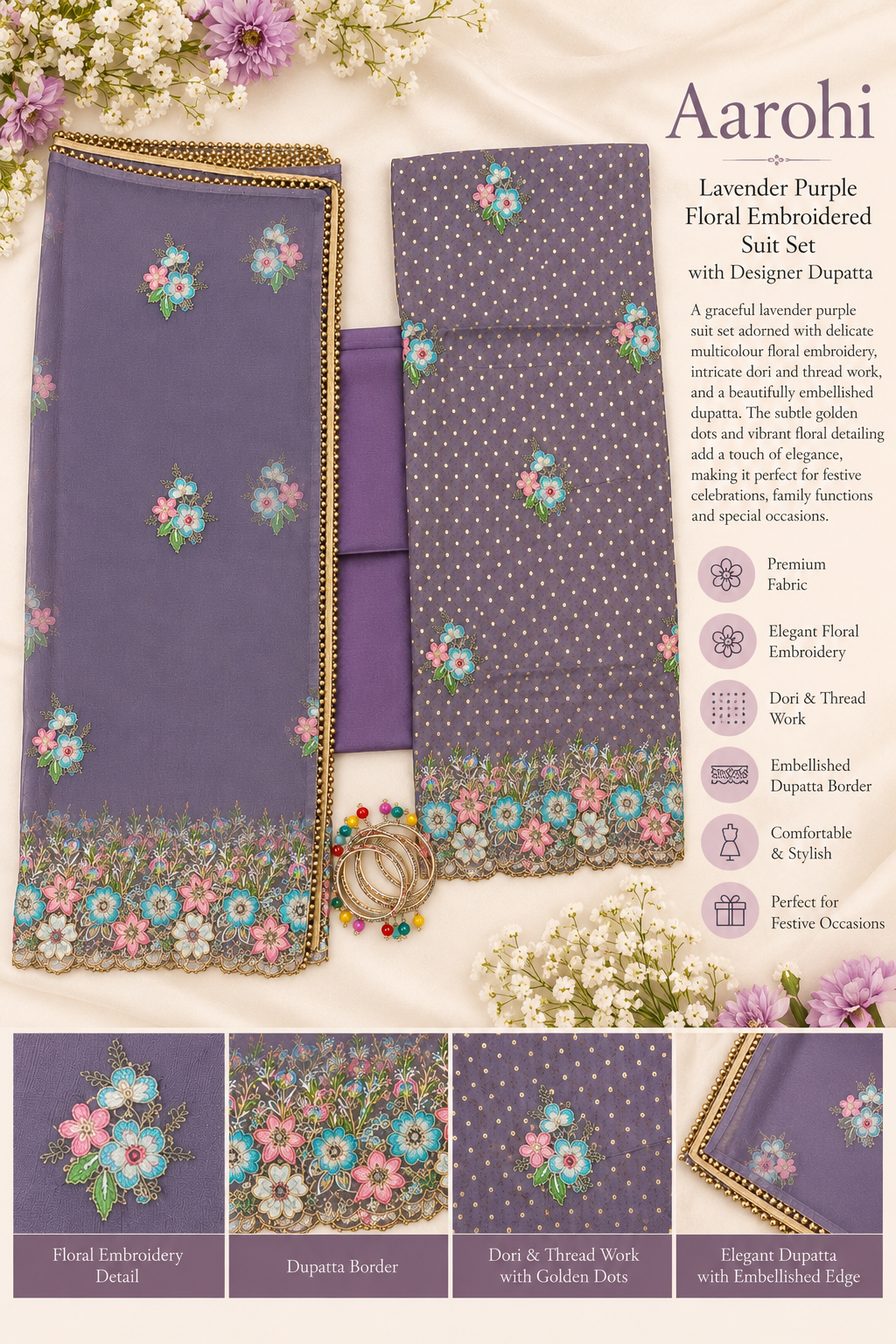 Lavender Purple Floral Embroidered Suit Set with Designer Dupatta