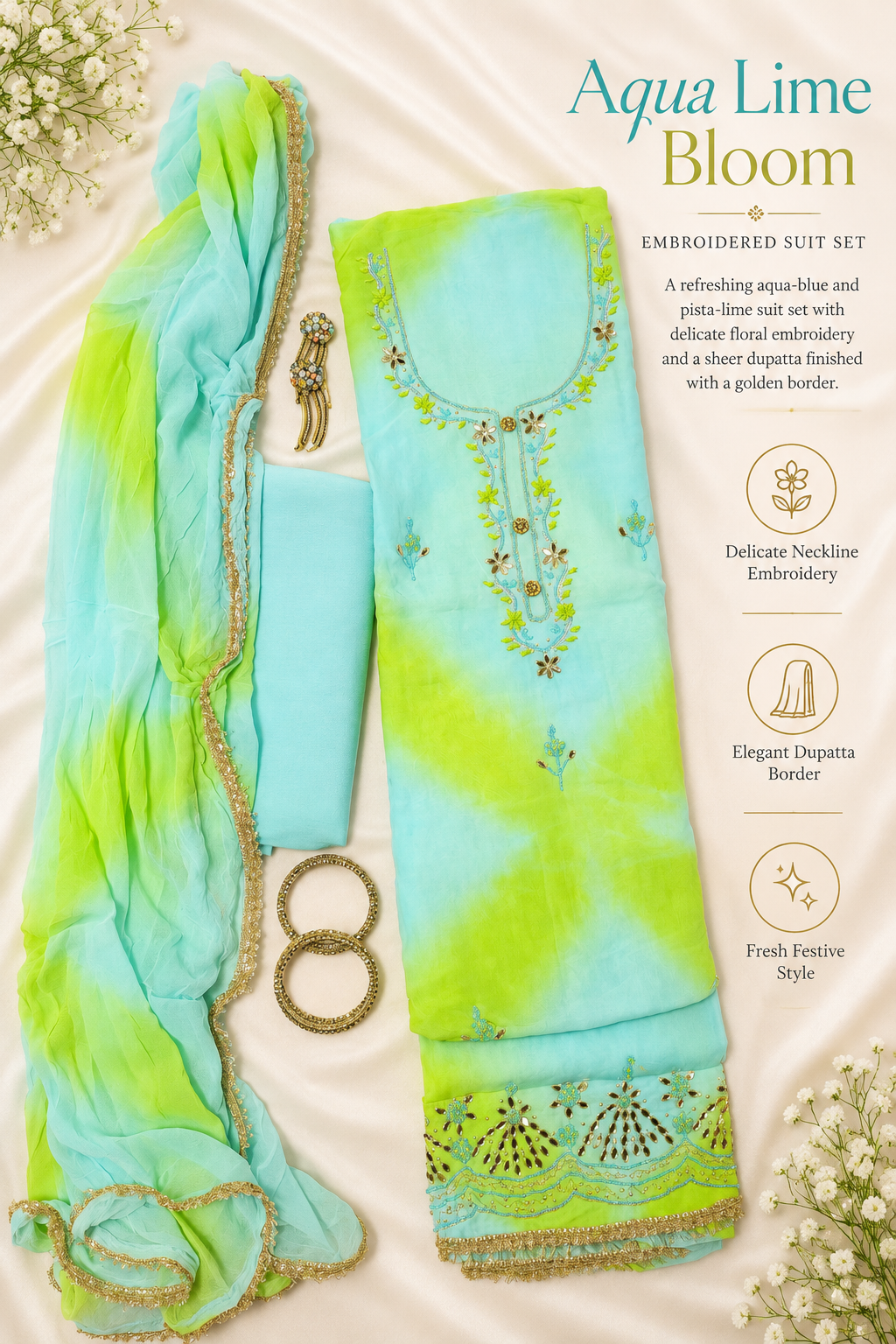 Aqua Lime Bloom – Aqua Blue & Pista Green Embroidered Suit Set with Dupatta
