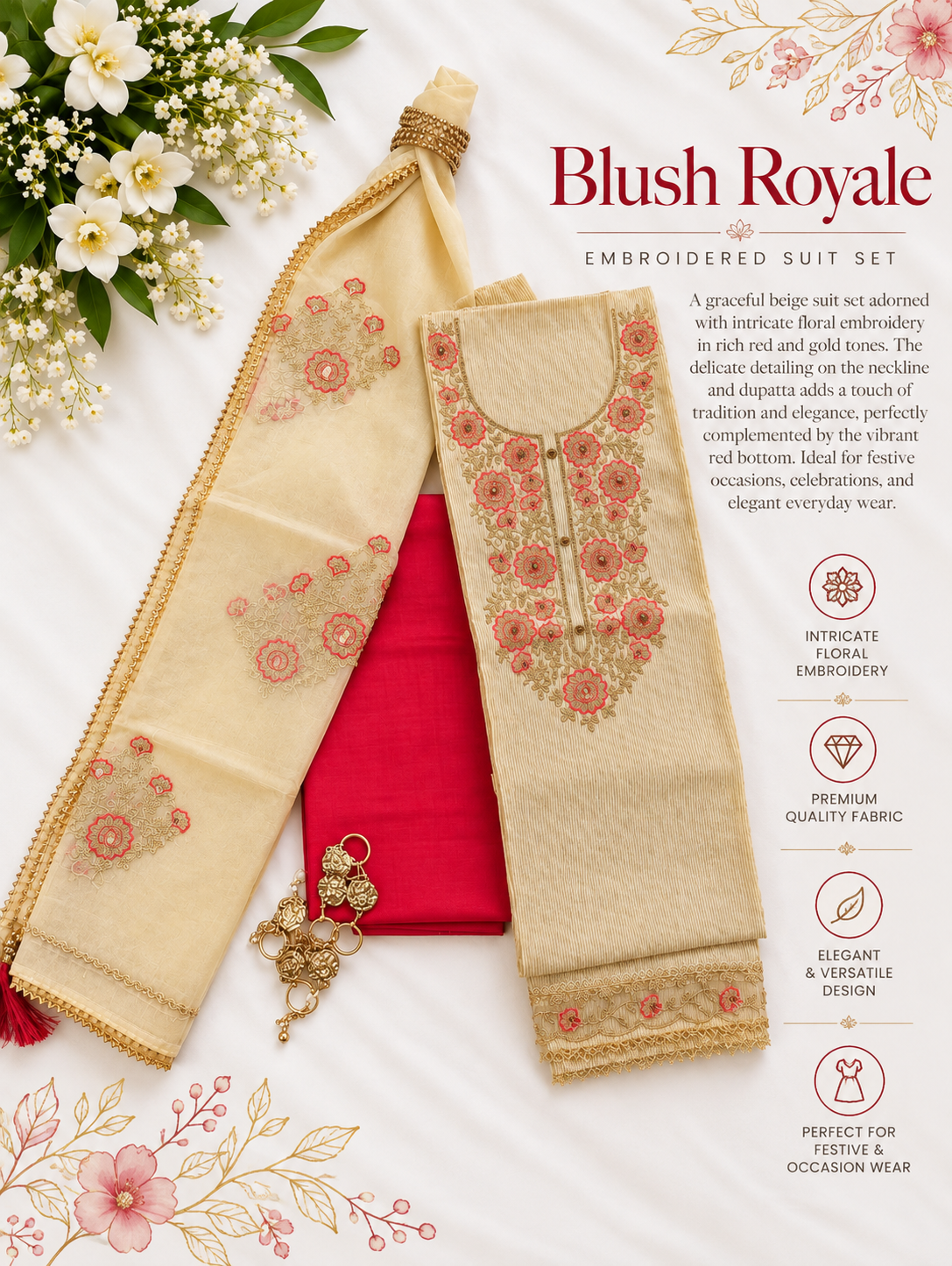 Blush Royale – Beige & Pink Embroidered Suit Set