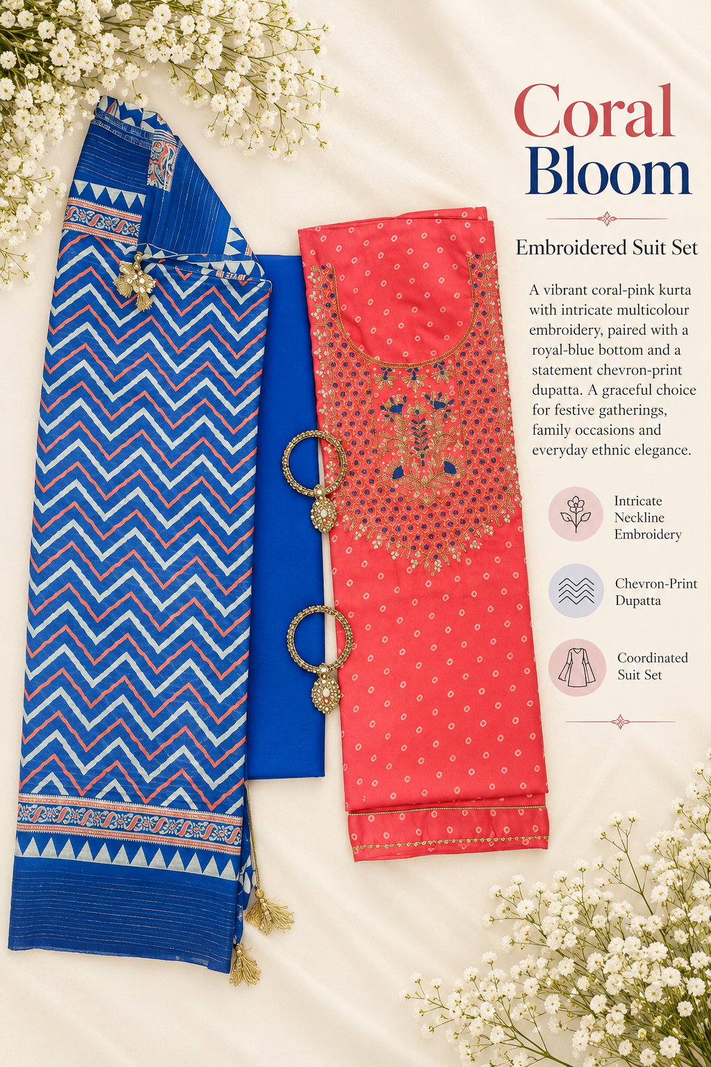 Coral Bloom – Coral Pink Embroidered Suit Set with Chevron Dupatta