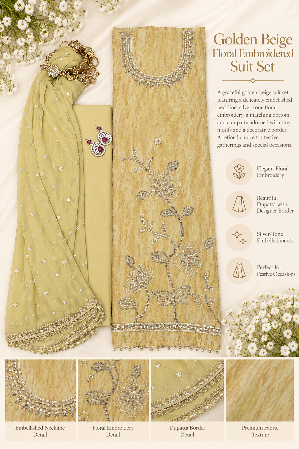 Golden Beige Embroidered Suit Set with Matching Dupatta