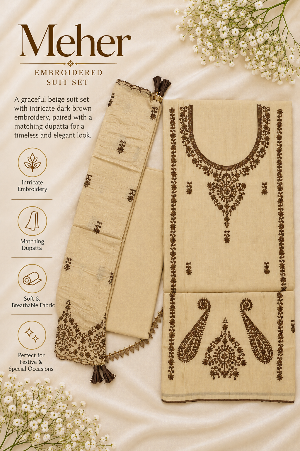 Meher – Light Beige Suit Set with Dark Brown Embroidery & Matching Dupatta