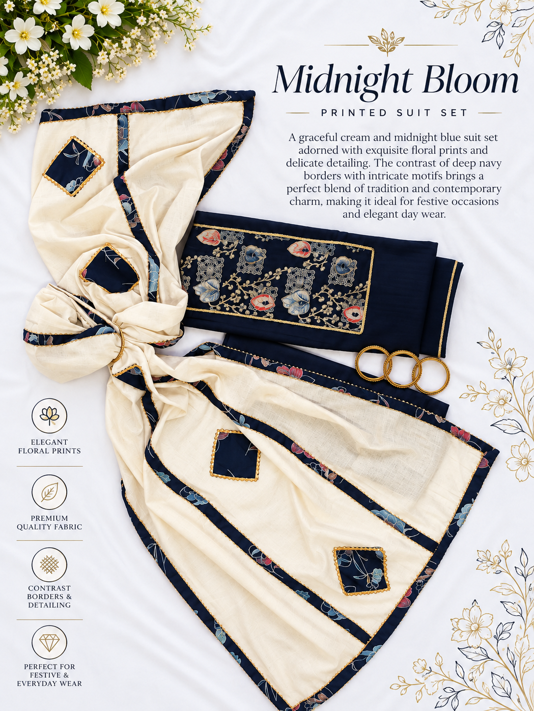 Midnight Bloom – Elegant Cream & Navy Printed Suit Set