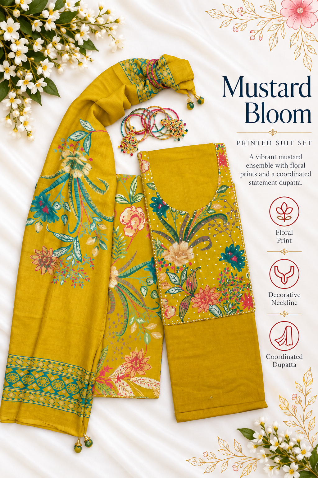 Mustard Bloom – Mustard Yellow Floral Printed Suit Set with Dupatta