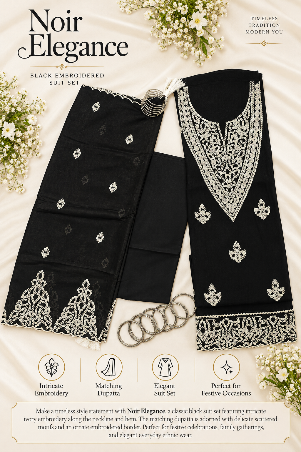 Noir Elegance – Black Embroidered Suit Set with Matching Dupatta
