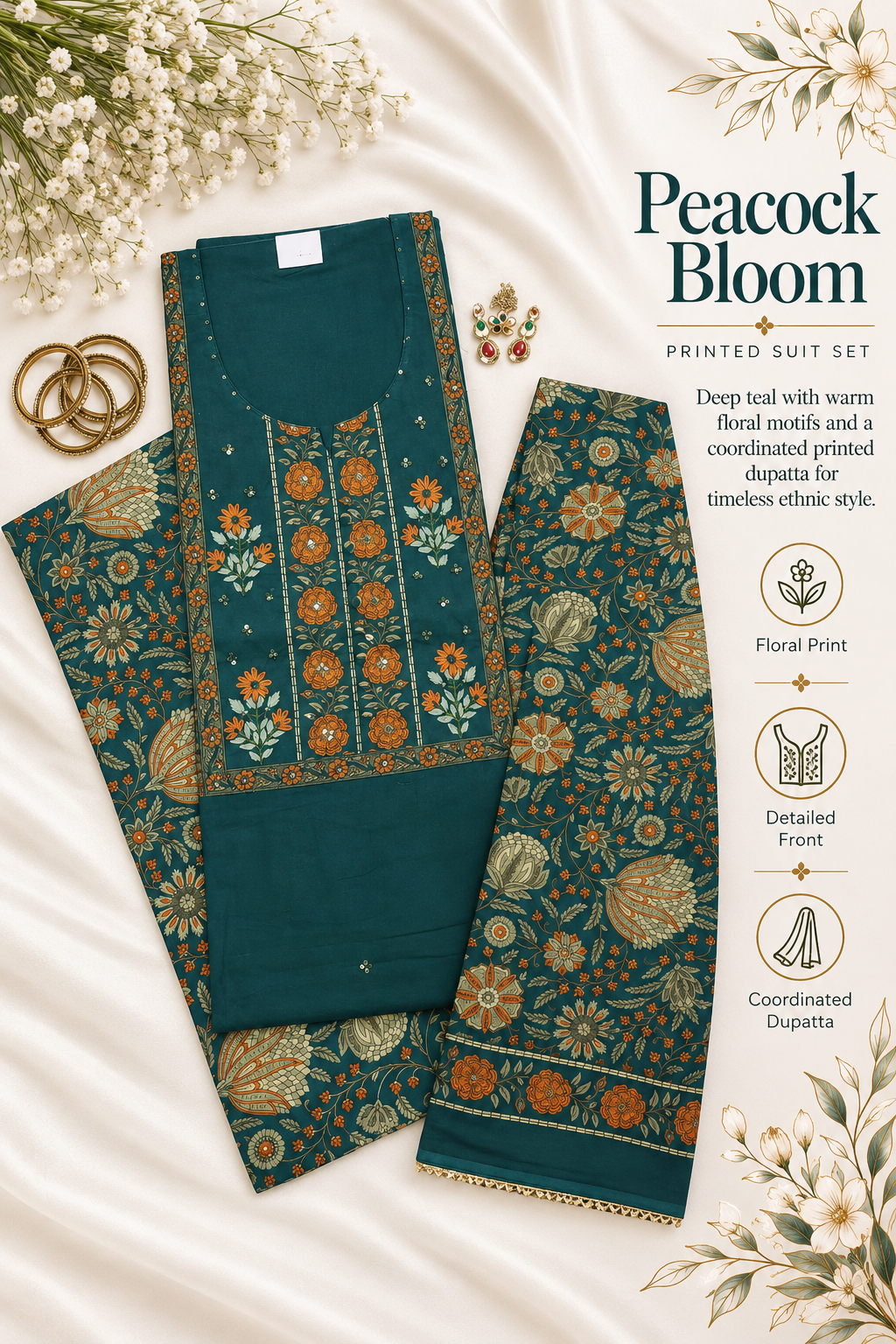 Peacock Bloom – Deep Teal Floral Printed Suit Set with Matching Dupatta