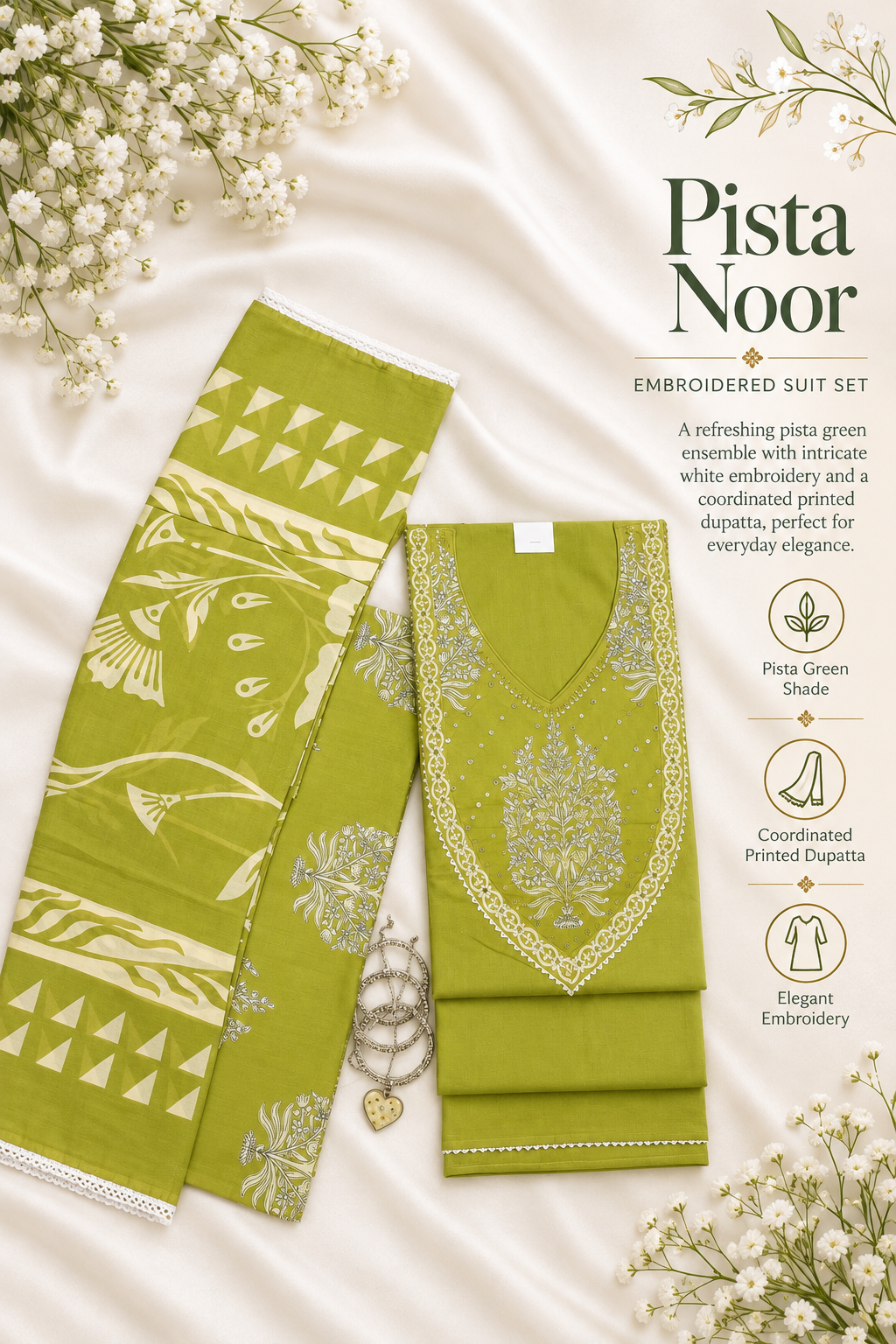 Pista Noor – Pista Green Embroidered Suit Set with Printed Dupatta