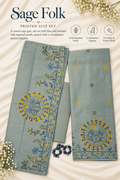 Sage Folk – Blue-Grey Printed Suit Set with Folk Motifs