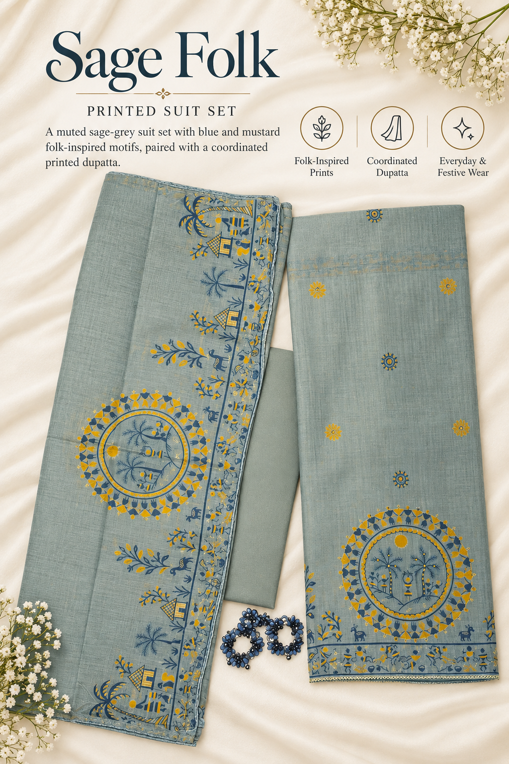Sage Folk – Blue-Grey Printed Suit Set with Folk Motifs