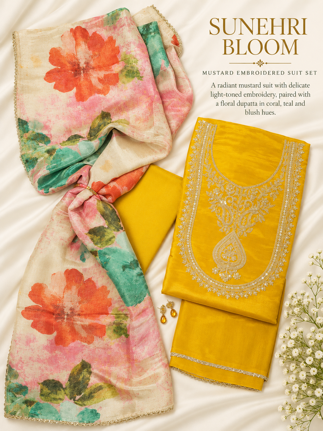 Sunehri Bloom – Mustard Yellow Embroidered Suit Set with Floral Dupatta