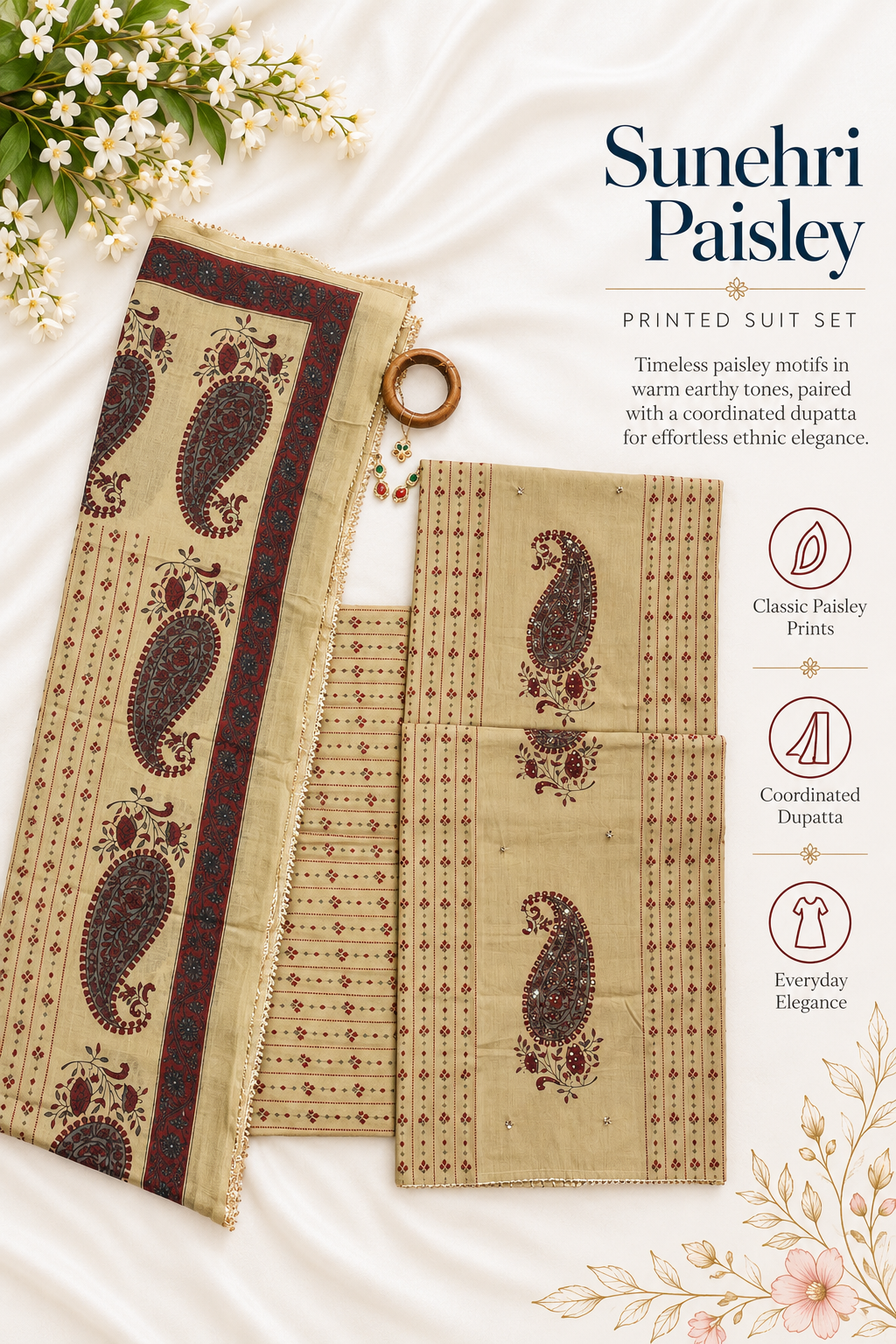Sunehri Paisley – Beige Printed Suit Set with Matching Dupatta