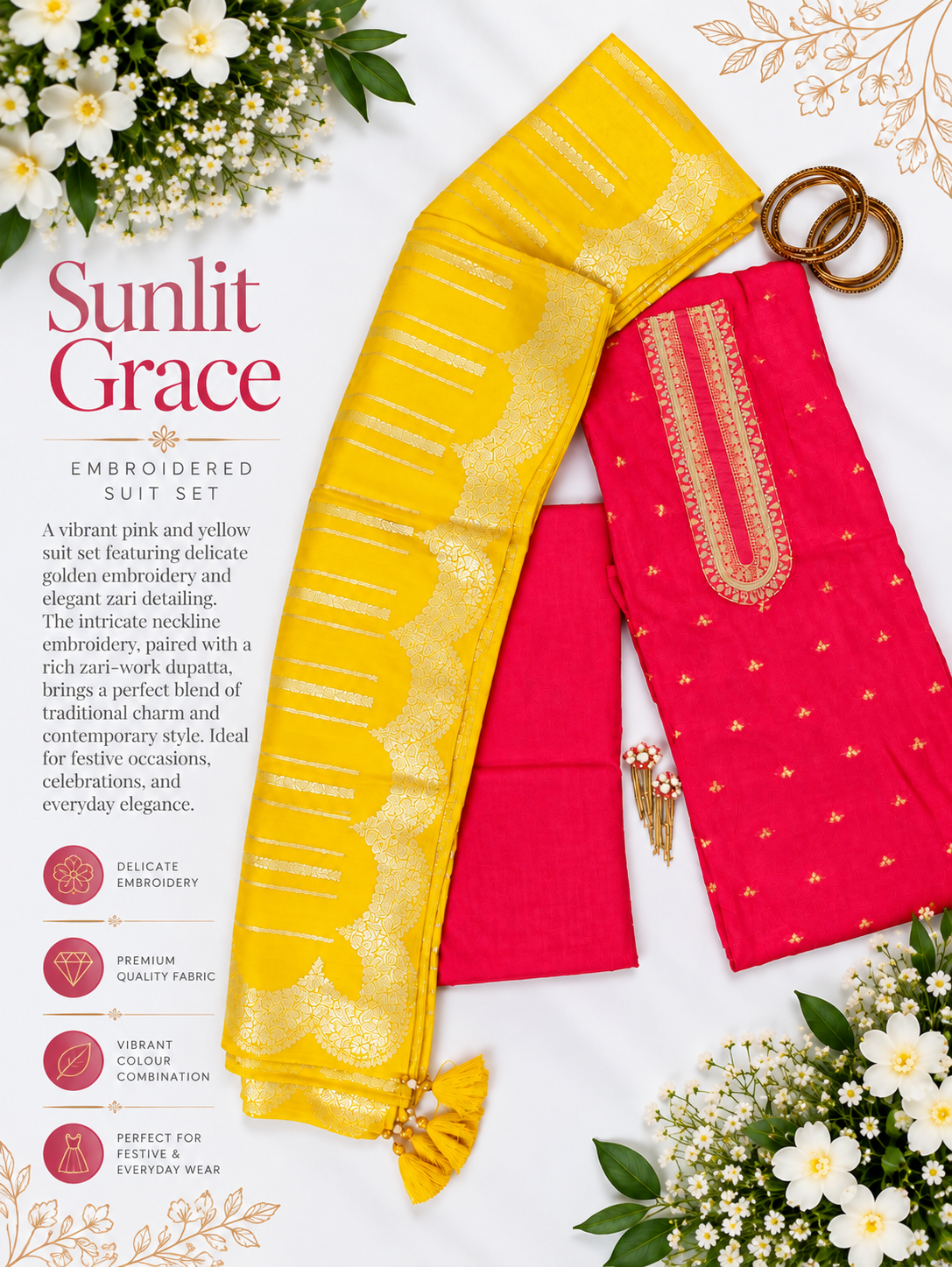 Sunlit Grace – Pink & Yellow Embroidered Suit Set